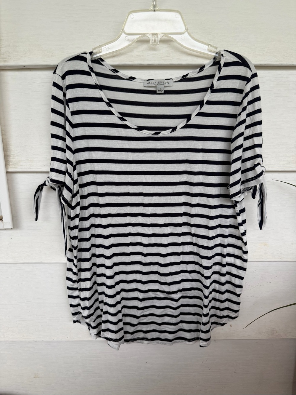 Green Envelope Striped Tie-Sleeve Scoop Neck Tee - Large - Made in USA